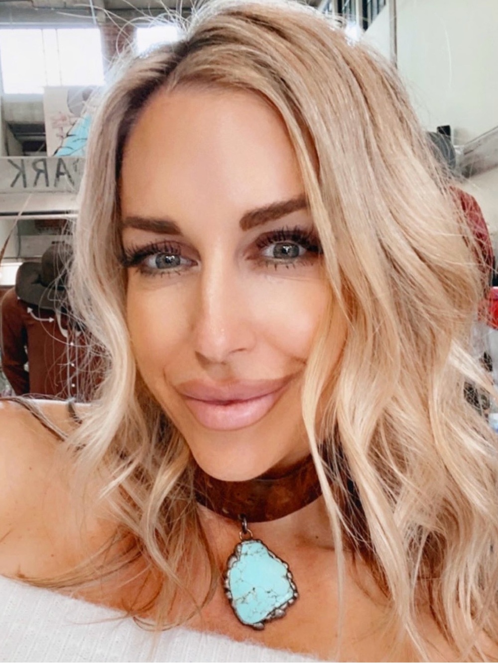 Handmade faux Turquoise Pendant Necklace on Brown Leather Choker